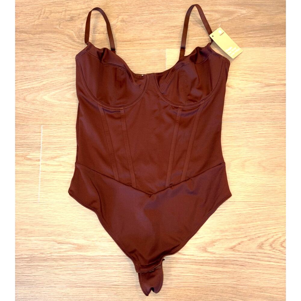 Popilush brown satin bodysuit with wired bra womens NWT size Large